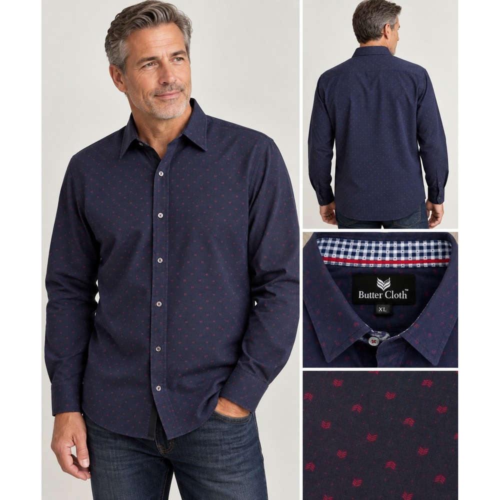 Butter Cloth Mens XL Navy Blue Red Arrow Print Cotton Long Sleeve Button Down